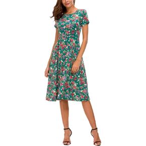 Urban CoCo Women's Floral Print Short Sleeve Flared Midi Dress in Kuwait