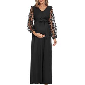 فستان حمل بأكمام من الدانتيل من بيوتي مع حزام، فستان طويل للأمومة مكشكش برقبة على شكل حرف V لحفل استقبال المولود الجديد وضيوف حفل الزفاف in Kuwait