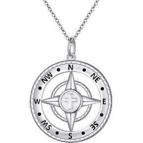 Alphm S925 Sterling Silver Large Compass Viking Pendant Necklace for Men Women Graduation Friendship Talisman Travel Jewelry