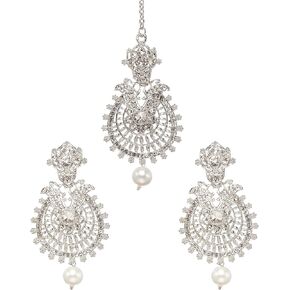 بيندهاني مجوهرات بوليوود الهندية للنساء، اكسسوارات شعر مانغ تيكا، غطاء راس لوصيفة العروس وحفلات الزفاف بنمط باهوبالي التقليدي مطلي بالفضة واقراط شاندبالي كوندان مجوهرات مانغ تيكا, كريستال معدن فضي in Kuwait