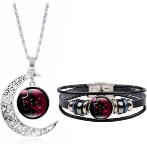 Dcfywl731 Zodiac Necklace Bracelet Set for Men Gifts 12 Constellation Necklace Bracelet Weave Multilayer Leather Bracelet and Moon Pendant Necklace Christmas Jewelry Set for Women Girls Christmas Gifts