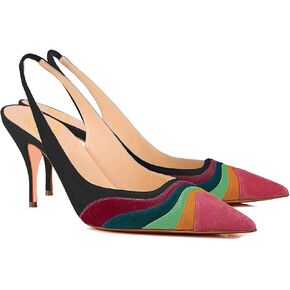 LEHOOR Women Rainbow Slingback Pumps Kitten Heels Pointed Toe Suede, Multicolor High Heel Pumps Stiletto Elastic Strap Closed Toe for Ladies Dress Party 5-13 M US