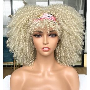 CURLCRAZY Curly Wig with Bangs for Black Women Short Kinky Curly Wig 14inch Afro Hair Halloween Party Christmas Cosplay Wigs (Pink)
