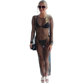 Women Sexy Pearl See Through Long Sleeve Crop Tops Mesh Sheer Rhinestone Blouse Shirts Party Clubwear in Kuwait