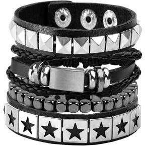 Eigso 4 Pcs Punk Leather Cuff Bracelets for Men Women Classic Goth Vintage PU Wristbands for Man Woman