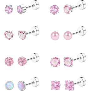 Staligue 8 Pairs Titanium Surgical Steel Earrings for Women Men Hypoallergenic Flat Back Stud Earrings for Sensitive Ears 20 Gauge Surgical Steel Cartilage Earring Opal CZ Pearl Small Nap Sleeper Earrings in Kuwait