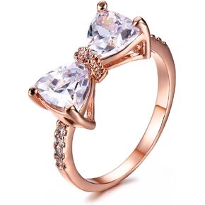 ABJFJE Fashion Heart Bow Tie Cubic Zirconia Promise Ring Crystal Bowknot Silver Plating Wedding Engagement Anniversary Ring for for Women Girl Gift White Red Blue Purple