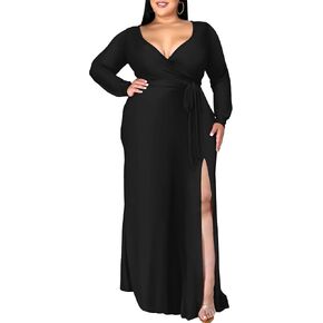 فستان FANDEE نسائي كاجوال مقاس كبير مزين بالزهور وأكمام طويلة ورقبة على شكل V مع جيوب 2023 فساتين حفلات الزفاف ومهرجانات يومية أسود 4XL in Kuwait