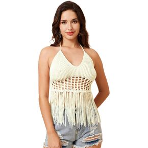OYOANGLE Women's Hollow Out Crochet Fringe Trim Tie Backless Cut Out Halter Swim Cover Up Top Beachwear Swimwear