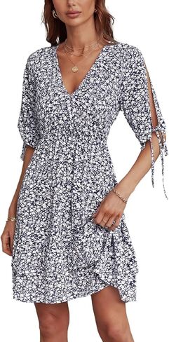 فستان نسائي كاجوال لصيف 2023 من BROVAVE، برقبة على شكل V، نصف كم قصير ومكشكش مزين بالورود in Kuwait