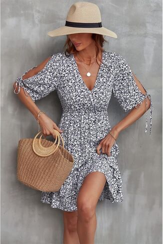 فستان نسائي كاجوال لصيف 2023 من BROVAVE، برقبة على شكل V، نصف كم قصير ومكشكش مزين بالورود in Kuwait