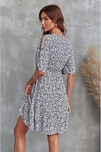 فستان نسائي كاجوال لصيف 2023 من BROVAVE، برقبة على شكل V، نصف كم قصير ومكشكش مزين بالورود in Kuwait