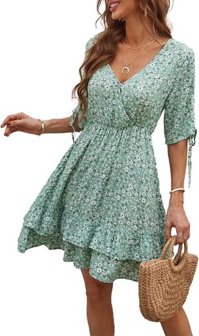 BROVAVE Women's Summer 2023 Casual Dresses V Neck Half Short Sleeve Floral Ruffle Mini Dress in Kuwait