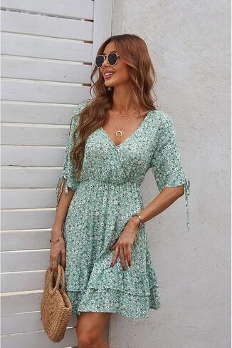 BROVAVE Women's Summer 2023 Casual Dresses V Neck Half Short Sleeve Floral Ruffle Mini Dress in Kuwait