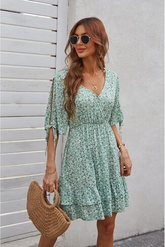 BROVAVE Women's Summer 2023 Casual Dresses V Neck Half Short Sleeve Floral Ruffle Mini Dress in Kuwait