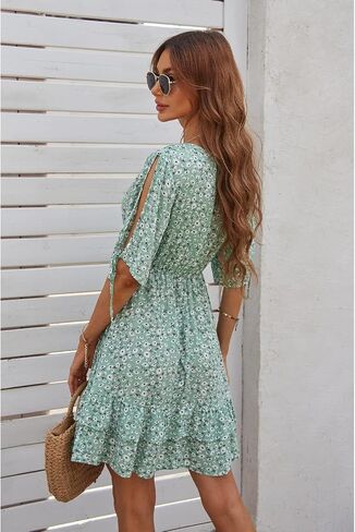 BROVAVE Women's Summer 2023 Casual Dresses V Neck Half Short Sleeve Floral Ruffle Mini Dress in Kuwait