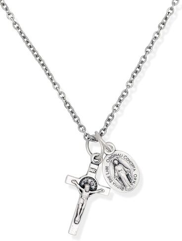 Dainty Silver Oxidized Italian Crucifix and Mary Mini Miraculous Medal Necklace on 16" Stainless Steel Chain - Jesus Mary Chain Catholic Necklace for Women, Couples Necklace, Unisex Religious Medal Necklace in Saudi Arabia