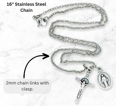Dainty Silver Oxidized Italian Crucifix and Mary Mini Miraculous Medal Necklace on 16" Stainless Steel Chain - Jesus Mary Chain Catholic Necklace for Women, Couples Necklace, Unisex Religious Medal Necklace in Saudi Arabia