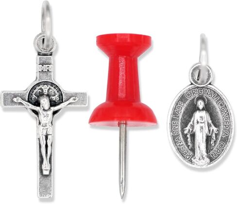 Dainty Silver Oxidized Italian Crucifix and Mary Mini Miraculous Medal Necklace on 16" Stainless Steel Chain - Jesus Mary Chain Catholic Necklace for Women, Couples Necklace, Unisex Religious Medal Necklace in Saudi Arabia