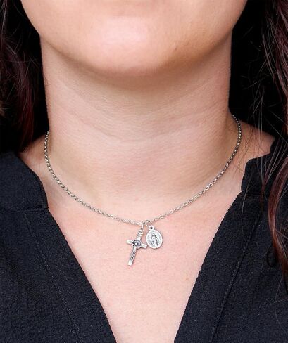 Dainty Silver Oxidized Italian Crucifix and Mary Mini Miraculous Medal Necklace on 16" Stainless Steel Chain - Jesus Mary Chain Catholic Necklace for Women, Couples Necklace, Unisex Religious Medal Necklace in Saudi Arabia
