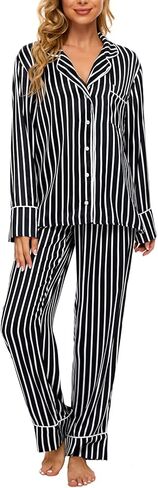 طقم بيجامة AGO FTYxTRA للنساء ناعم - بيجامة مخططة، طقم مكون من قطعتين، ملابس مريحة، ملابس نوم، ملابس نوم in Kuwait