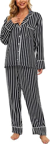 طقم بيجامة AGO FTYxTRA للنساء ناعم - بيجامة مخططة، طقم مكون من قطعتين، ملابس مريحة، ملابس نوم، ملابس نوم in Kuwait