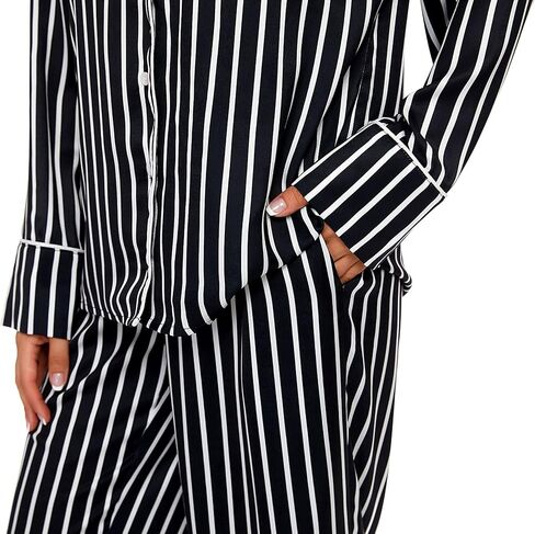 طقم بيجامة AGO FTYxTRA للنساء ناعم - بيجامة مخططة، طقم مكون من قطعتين، ملابس مريحة، ملابس نوم، ملابس نوم in Kuwait