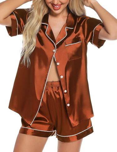 Anjue Silk Satin Pajamas Set Women's Short Sleeve Sleepwear Soft Pjs Shorts Set Two Piece Button Down Pj Set S-XXL in Kuwait