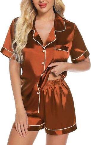 Anjue Silk Satin Pajamas Set Women's Short Sleeve Sleepwear Soft Pjs Shorts Set Two Piece Button Down Pj Set S-XXL in Kuwait