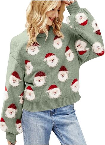 joysale Christmas Sweater for Women Cute Merry Xmas Santa Holiday Pullover Crewneck Knit Sweatshirts Tops in Kuwait