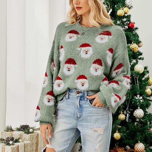 joysale Christmas Sweater for Women Cute Merry Xmas Santa Holiday Pullover Crewneck Knit Sweatshirts Tops in Kuwait