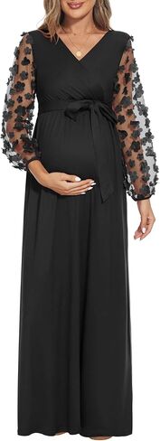 فستان حمل بأكمام من الدانتيل من بيوتي مع حزام، فستان طويل للأمومة مكشكش برقبة على شكل حرف V لحفل استقبال المولود الجديد وضيوف حفل الزفاف in Kuwait