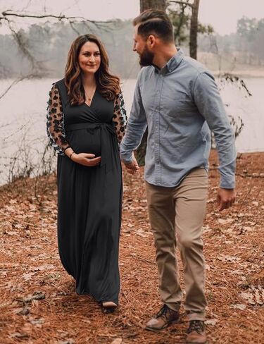 فستان حمل بأكمام من الدانتيل من بيوتي مع حزام، فستان طويل للأمومة مكشكش برقبة على شكل حرف V لحفل استقبال المولود الجديد وضيوف حفل الزفاف in Kuwait