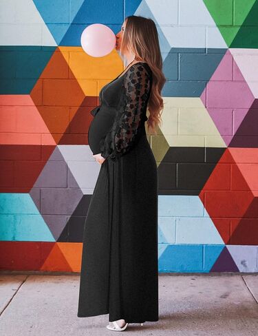 فستان حمل بأكمام من الدانتيل من بيوتي مع حزام، فستان طويل للأمومة مكشكش برقبة على شكل حرف V لحفل استقبال المولود الجديد وضيوف حفل الزفاف in Kuwait