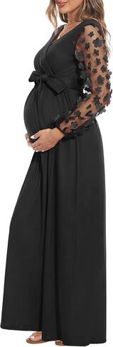 فستان حمل بأكمام من الدانتيل من بيوتي مع حزام، فستان طويل للأمومة مكشكش برقبة على شكل حرف V لحفل استقبال المولود الجديد وضيوف حفل الزفاف in Kuwait