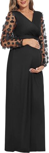 فستان حمل بأكمام من الدانتيل من بيوتي مع حزام، فستان طويل للأمومة مكشكش برقبة على شكل حرف V لحفل استقبال المولود الجديد وضيوف حفل الزفاف in Kuwait