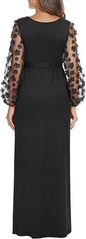 فستان حمل بأكمام من الدانتيل من بيوتي مع حزام، فستان طويل للأمومة مكشكش برقبة على شكل حرف V لحفل استقبال المولود الجديد وضيوف حفل الزفاف in Kuwait