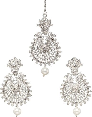 بيندهاني مجوهرات بوليوود الهندية للنساء، اكسسوارات شعر مانغ تيكا، غطاء راس لوصيفة العروس وحفلات الزفاف بنمط باهوبالي التقليدي مطلي بالفضة واقراط شاندبالي كوندان مجوهرات مانغ تيكا, كريستال معدن فضي in Kuwait