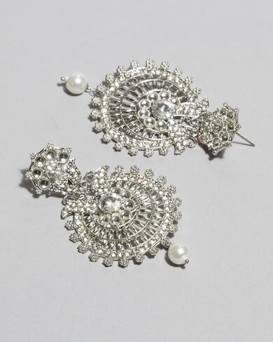 بيندهاني مجوهرات بوليوود الهندية للنساء، اكسسوارات شعر مانغ تيكا، غطاء راس لوصيفة العروس وحفلات الزفاف بنمط باهوبالي التقليدي مطلي بالفضة واقراط شاندبالي كوندان مجوهرات مانغ تيكا, كريستال معدن فضي in Kuwait