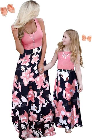 Mommy and Me Boho Floral Family Matching Maxi Dress with Pocket for Mother's Day… in Kuwait