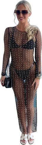 Women Sexy Pearl See Through Long Sleeve Crop Tops Mesh Sheer Rhinestone Blouse Shirts Party Clubwear in Kuwait
