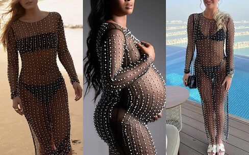 Women Sexy Pearl See Through Long Sleeve Crop Tops Mesh Sheer Rhinestone Blouse Shirts Party Clubwear in Kuwait