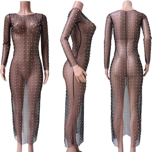Women Sexy Pearl See Through Long Sleeve Crop Tops Mesh Sheer Rhinestone Blouse Shirts Party Clubwear in Kuwait