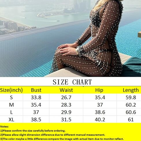 Women Sexy Pearl See Through Long Sleeve Crop Tops Mesh Sheer Rhinestone Blouse Shirts Party Clubwear in Kuwait