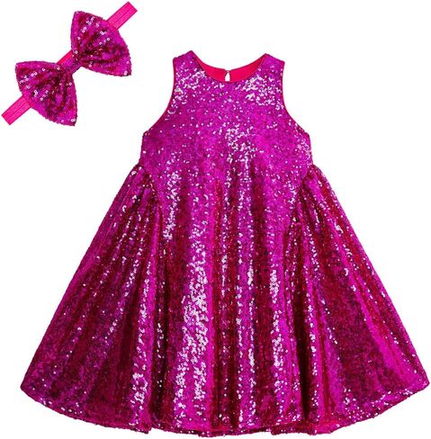 Flower Girl Dresses Sequin A-line Birthday Party Flutter Prom Princess Dresses Sleeveless with Cute Headband in Kuwait