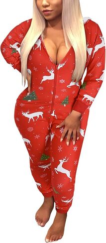 One Piece Hooded Sleepwear for Women,Sexy Printed Christmas Pajamas Jumpsuit Rompers in Kuwait