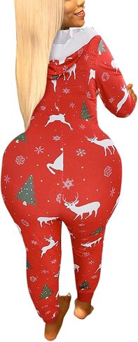 One Piece Hooded Sleepwear for Women,Sexy Printed Christmas Pajamas Jumpsuit Rompers in Kuwait