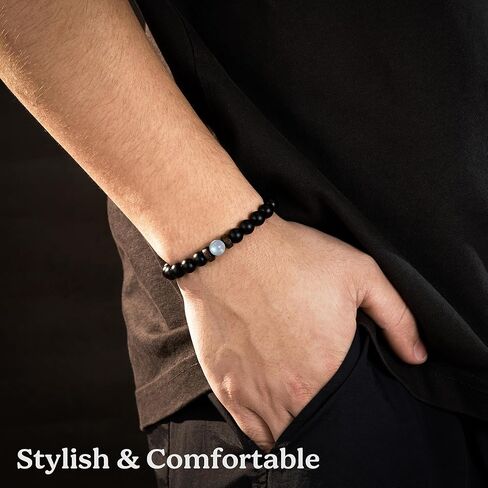 سوار من الحجر الطبيعي من Seyaa مع خرز العقيق الأسود وحجر القمر هدايا للرجال والزوج والرجل والأب والابن - هدية الذكرى السنوية للتخرج وعيد الميلاد وعيد الأب وعيد الميلاد له in Kuwait