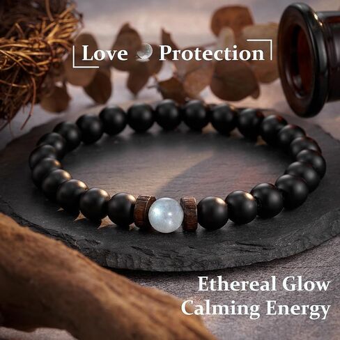 سوار من الحجر الطبيعي من Seyaa مع خرز العقيق الأسود وحجر القمر هدايا للرجال والزوج والرجل والأب والابن - هدية الذكرى السنوية للتخرج وعيد الميلاد وعيد الأب وعيد الميلاد له in Kuwait