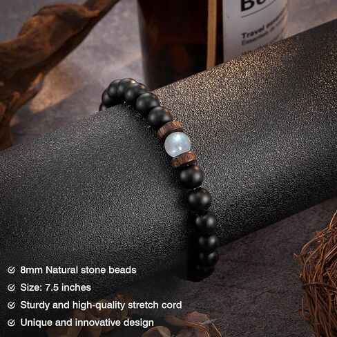 سوار من الحجر الطبيعي من Seyaa مع خرز العقيق الأسود وحجر القمر هدايا للرجال والزوج والرجل والأب والابن - هدية الذكرى السنوية للتخرج وعيد الميلاد وعيد الأب وعيد الميلاد له in Kuwait